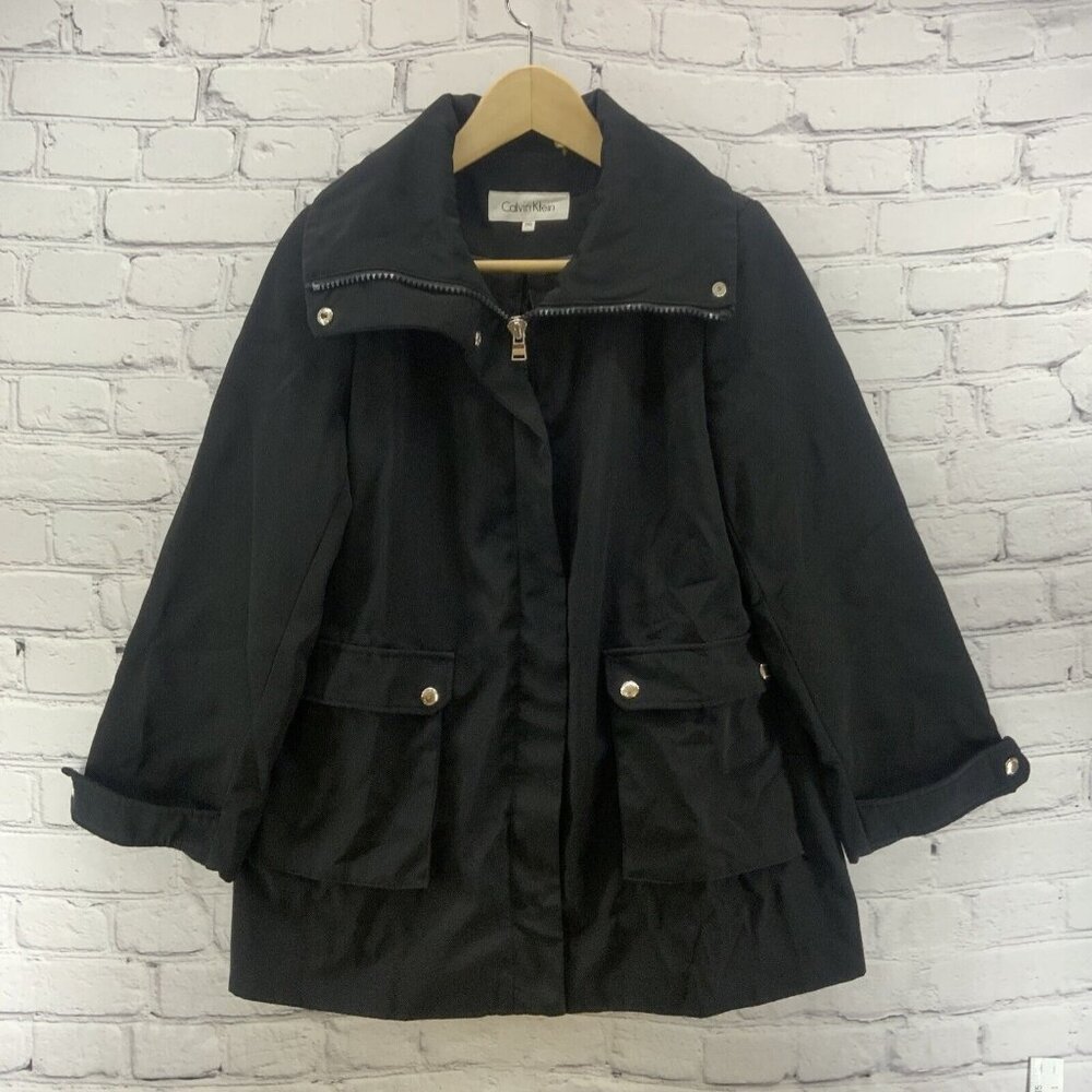 Calvin Klein Jacket Sz XS Petite Black Back Pleat Zip Up Big Pockets